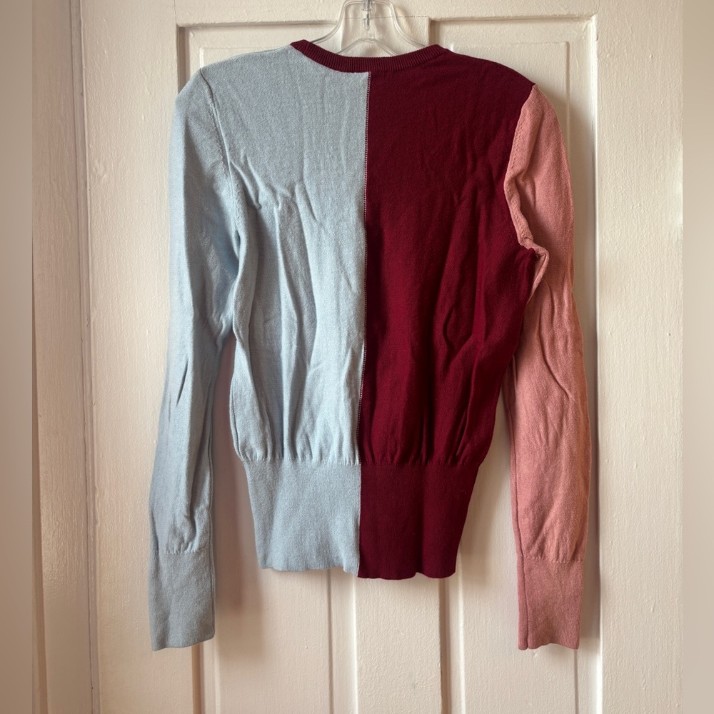 STAUD Two-Tone Crewneck Sweater in Burgundy, Dusty Pink & Light Blue - Picture 2 of 2